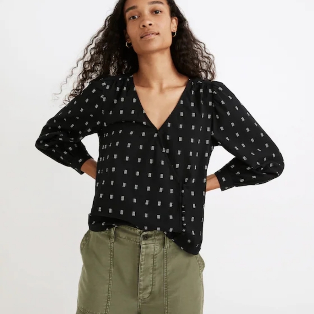 Madewell Kinston Side-Button Wrap Top Textured Dobby Black Women’s L cotton 3/4